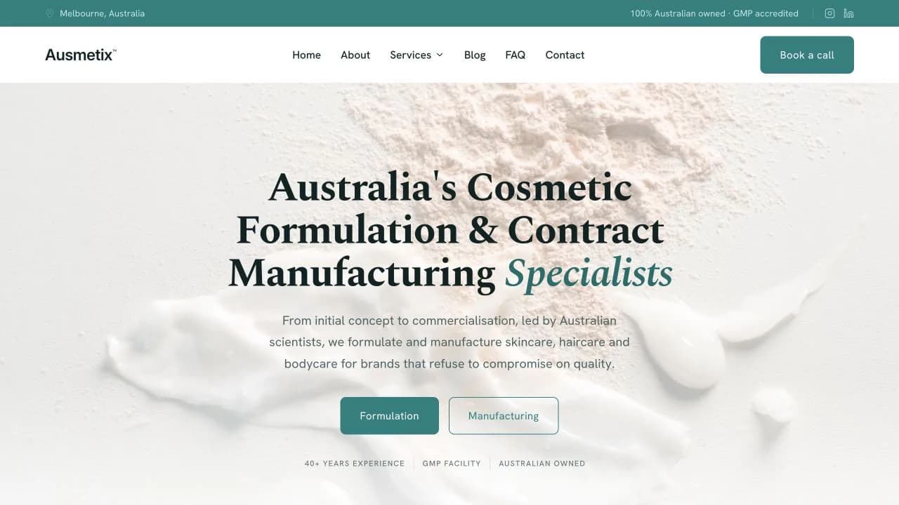 Ausmetix cosmetic manufacturing website built by Goober