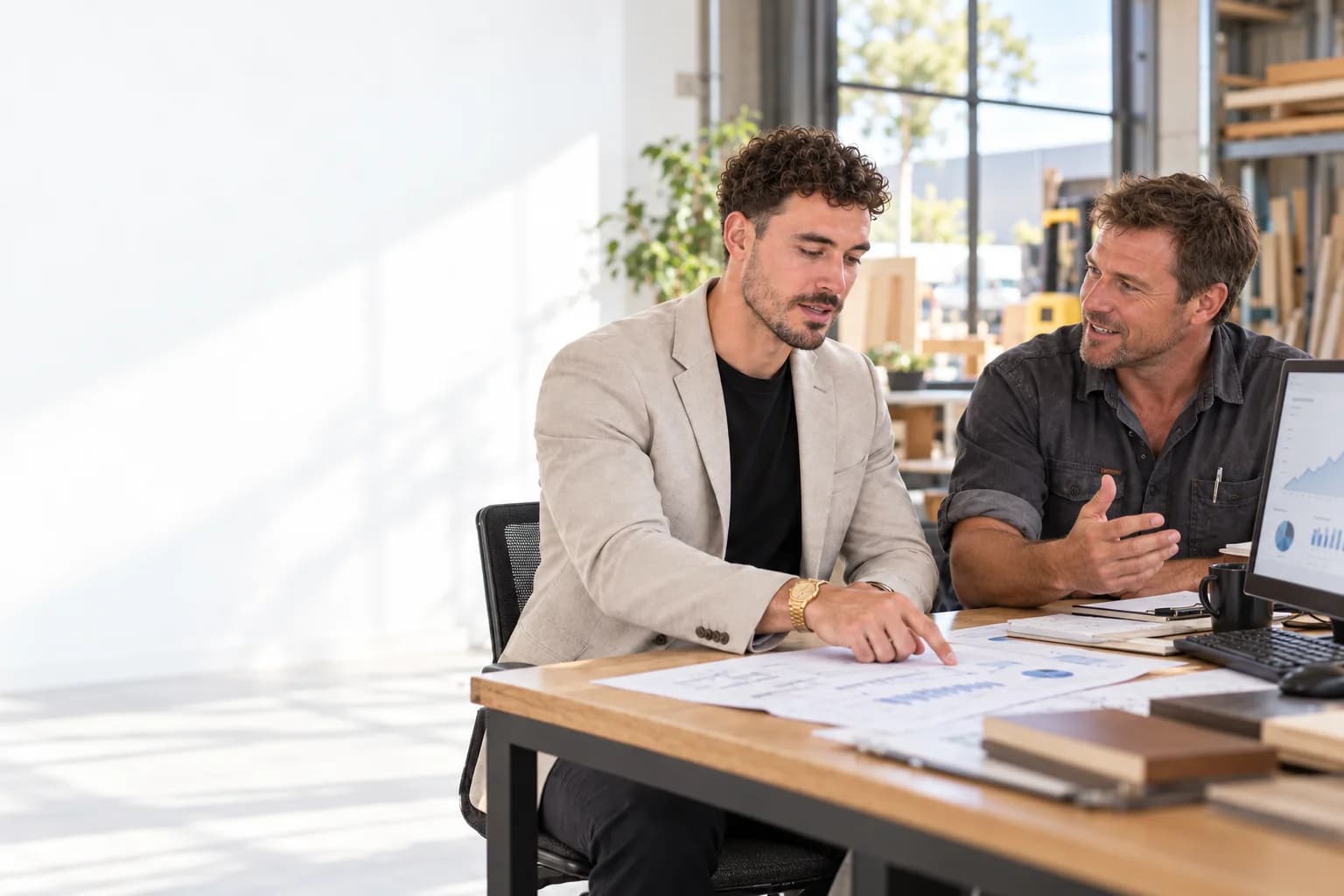 Illustrative scene of Clayton reviewing campaign performance with a business owner at their office