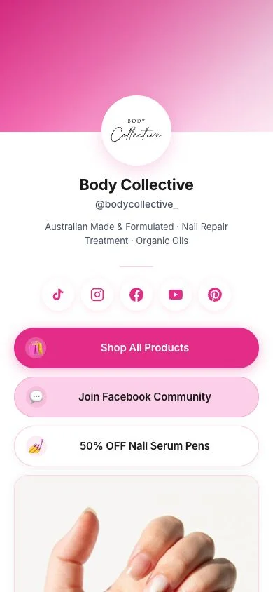 Body Collective custom mobile link page, designed as a branded alternative to Linktree