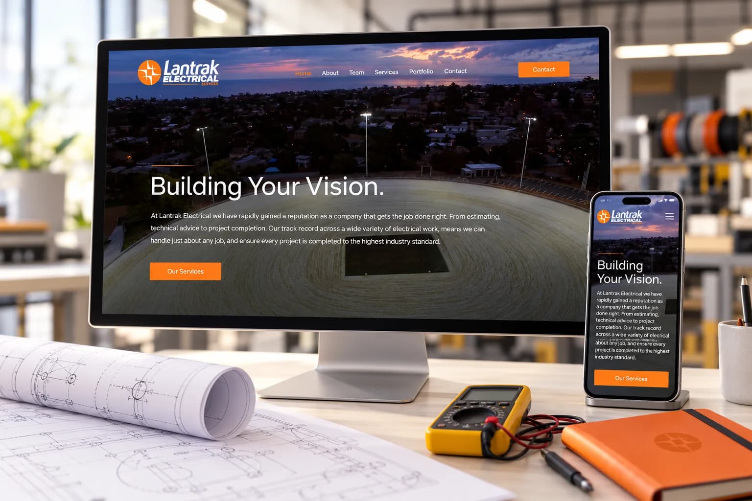 Lantrak Electrical website shown on desktop and mobile
