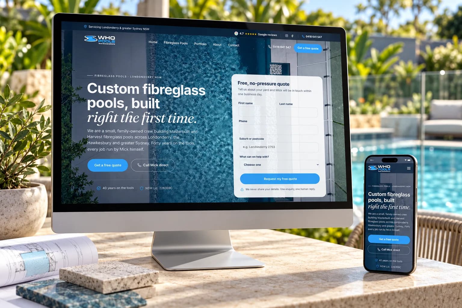 WHO Pools & Excavations website shown on desktop and mobile