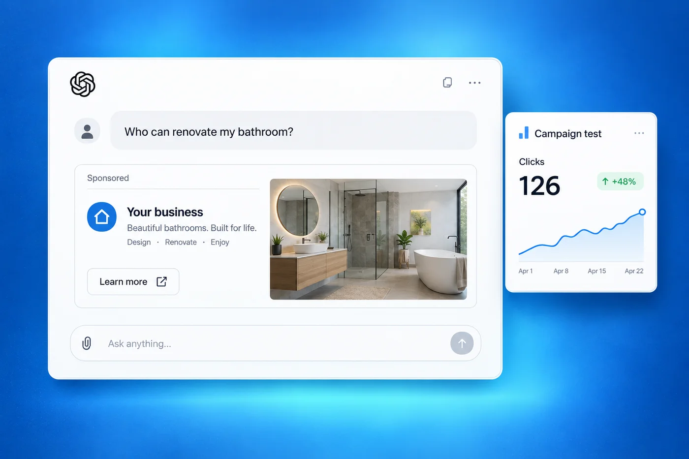 GPT Ads illustrative platform interface with sample analytics or content cards