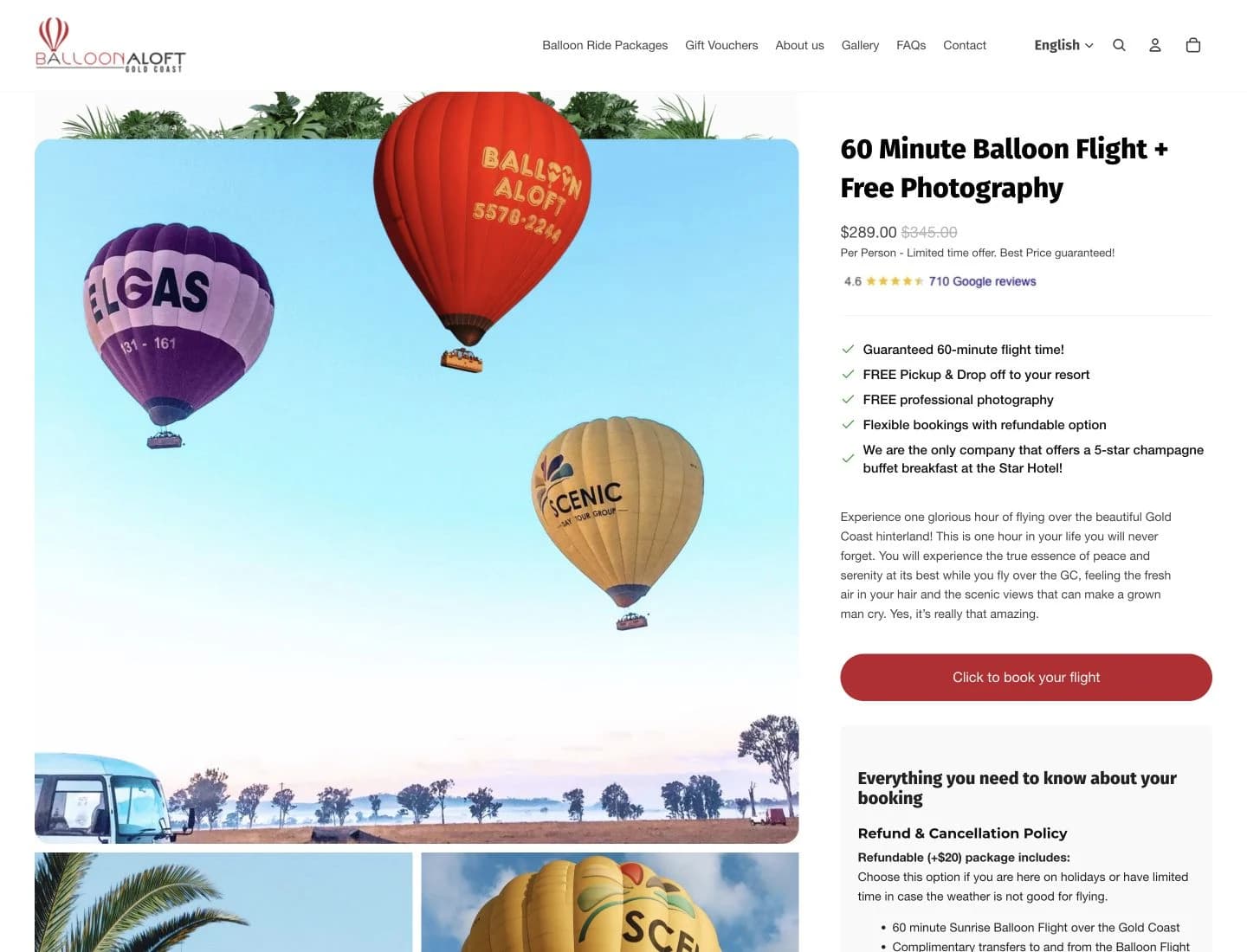 Balloon Aloft Gold Coast website detail: Keep the experience and its inclusions in one clear view.