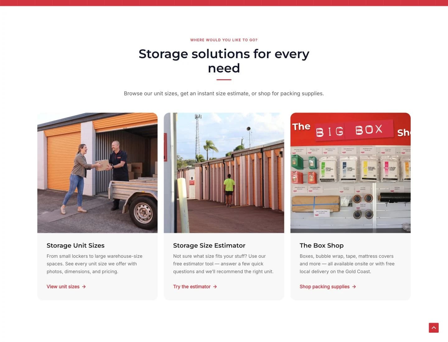 Big Box Self Storage website detail: Answer the practical questions before the quote.
