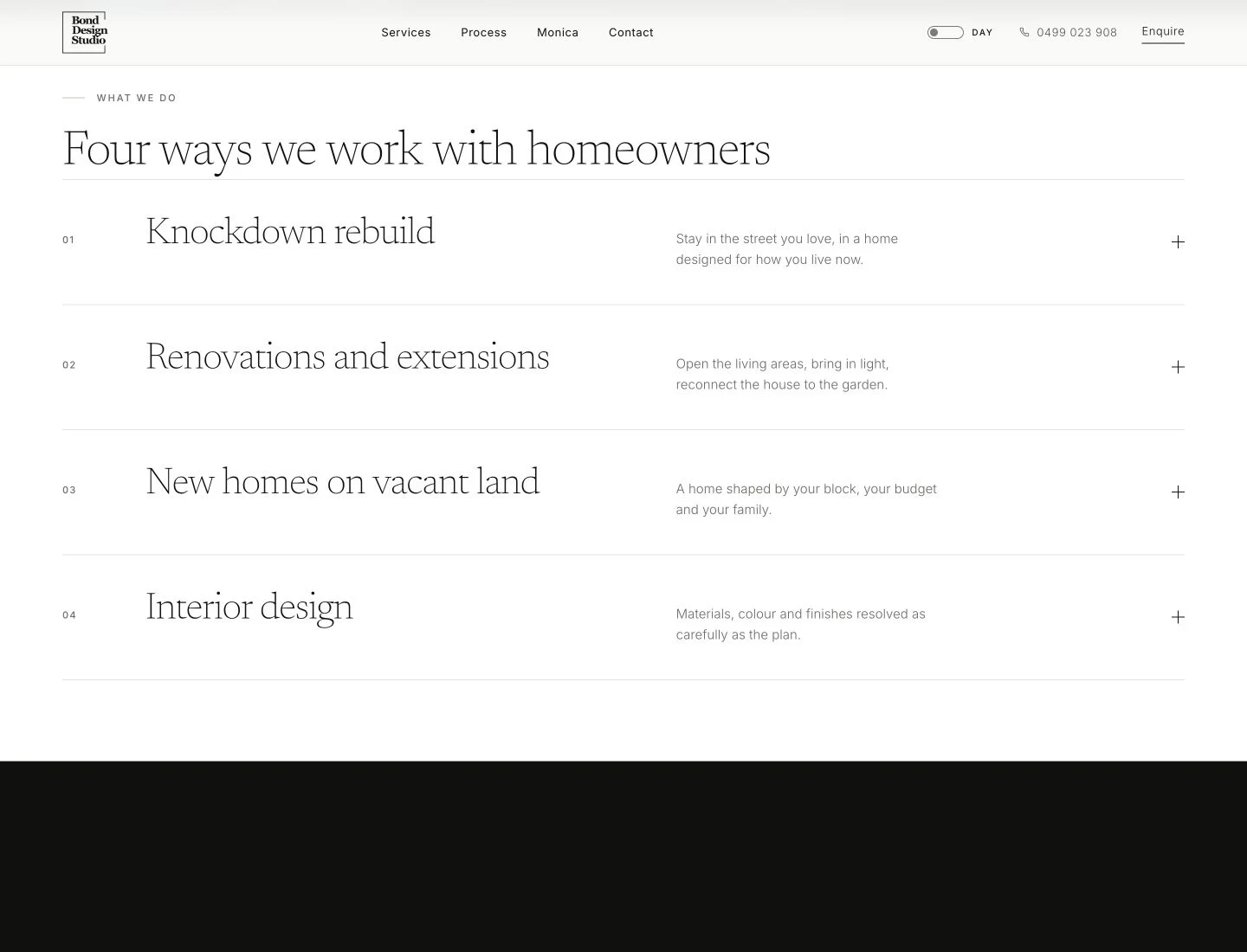 Bond Design Studio website detail: A quieter way to explain a considered service.