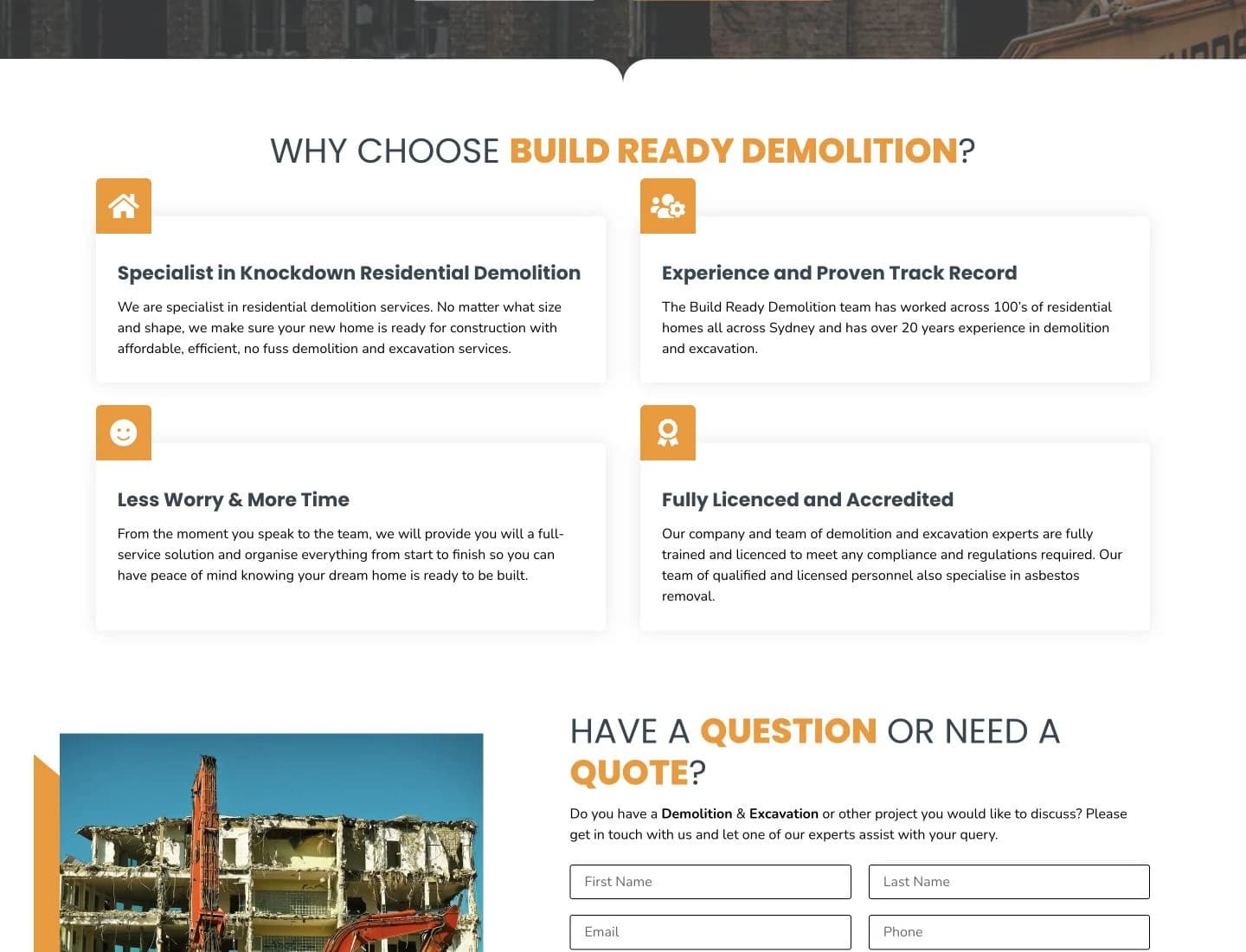 Build Ready Demolition website detail: Build confidence before asking for the enquiry.