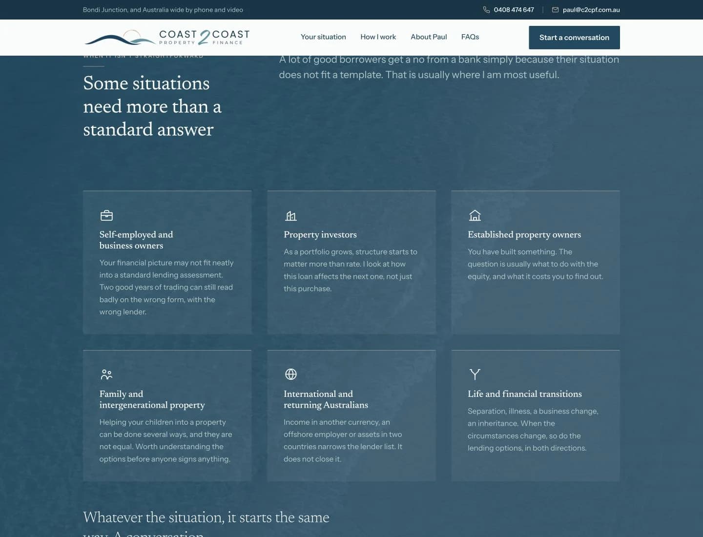Coast 2 Coast Property Finance website detail: Start with the person’s situation, not a product list.