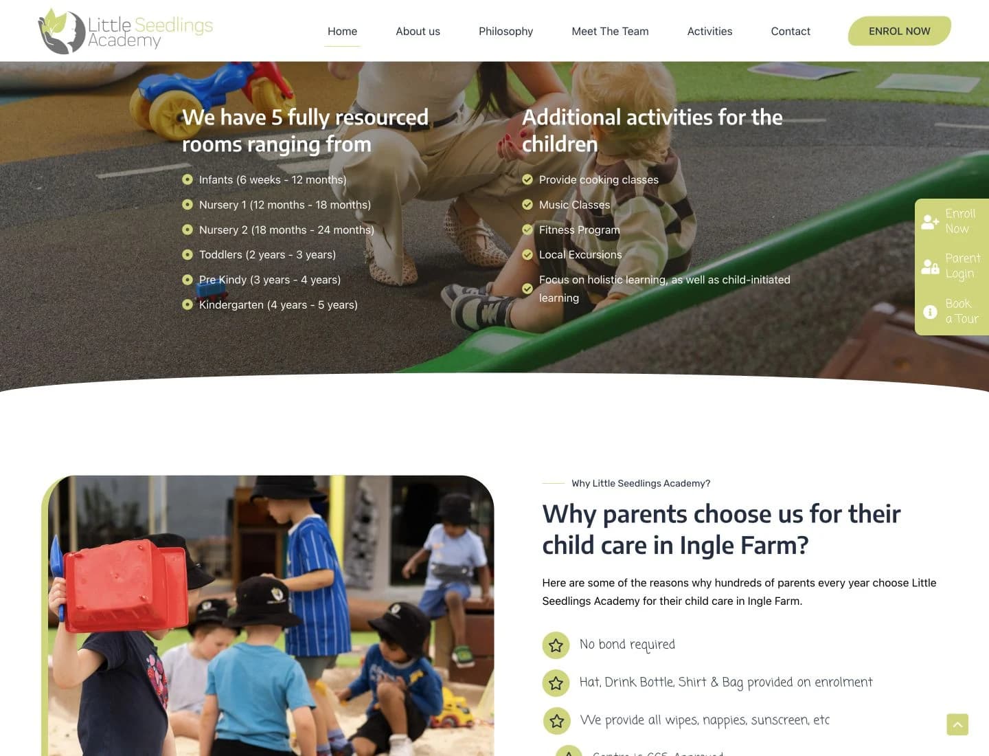 Little Seedlings Academy website detail: Balance the feeling of the centre with the facts parents need.