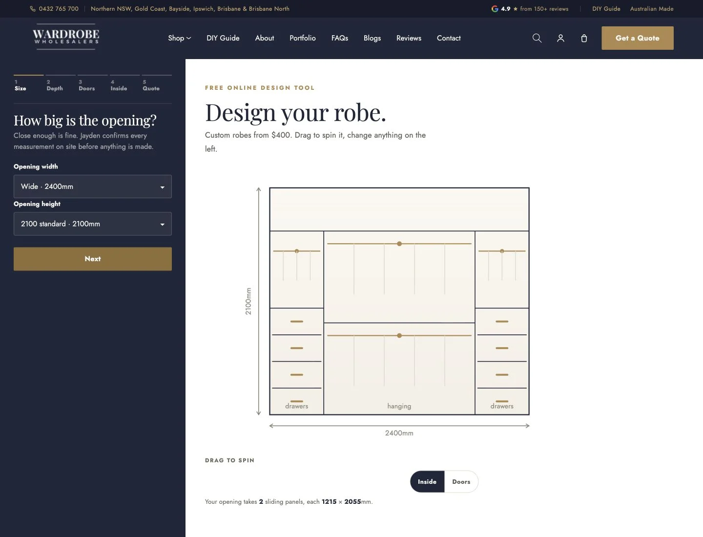Wardrobe designer with size controls and a live wardrobe elevation drawing