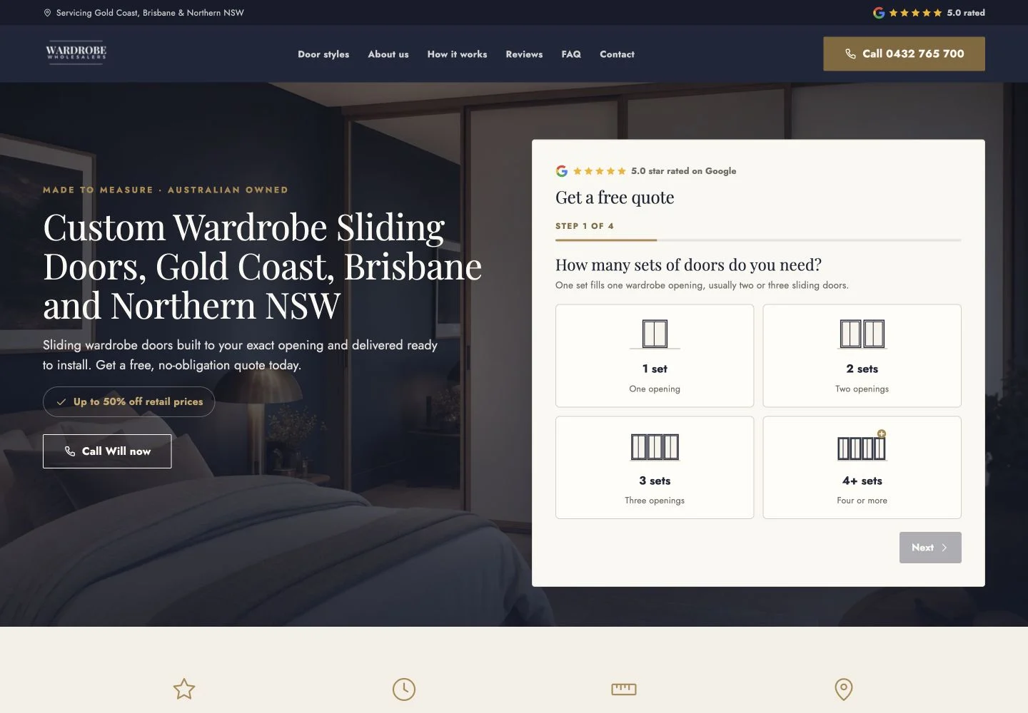 Wardrobe door landing page with product imagery and a guided quote request