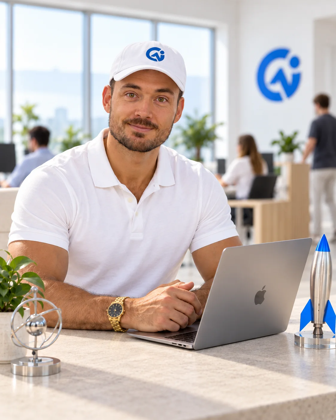 Clayton Hackett at his desk, wearing a white cap with the blue Goober symbol