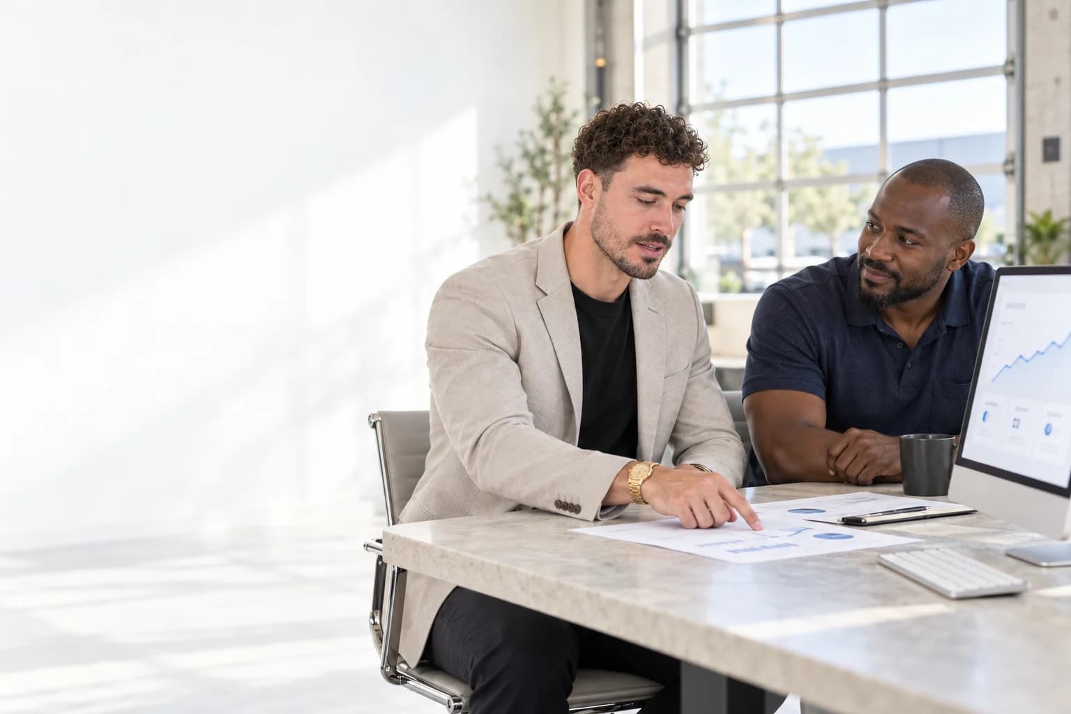 Illustrative scene of Clayton reviewing a campaign with a business owner