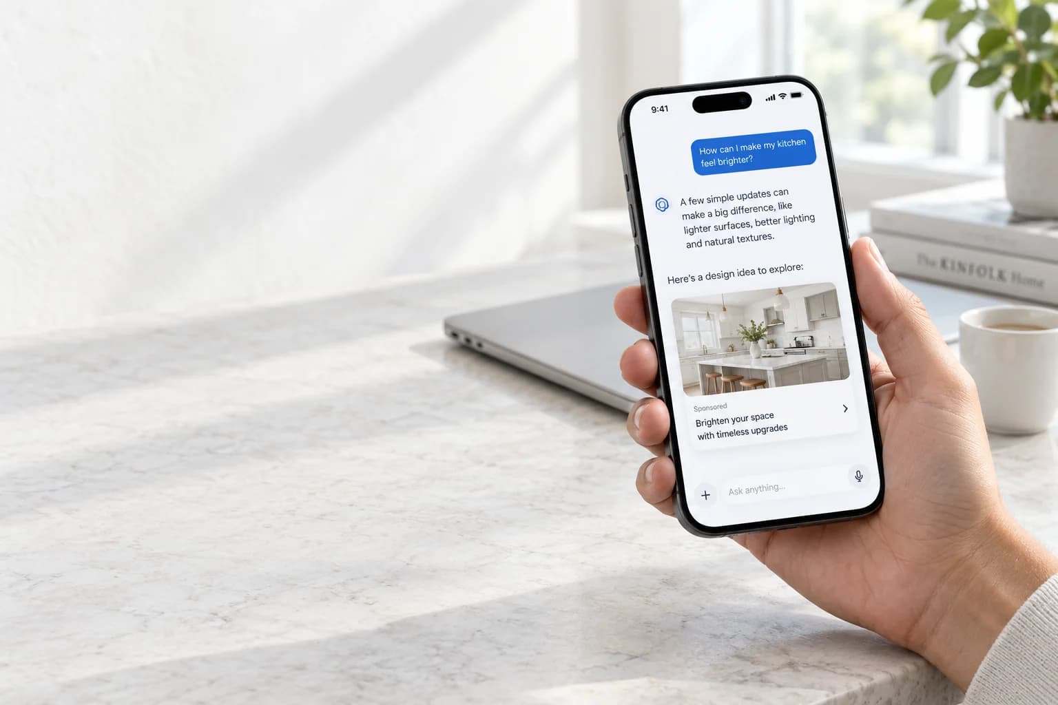 Illustrative phone scene showing conversational search and a separate sponsored placement