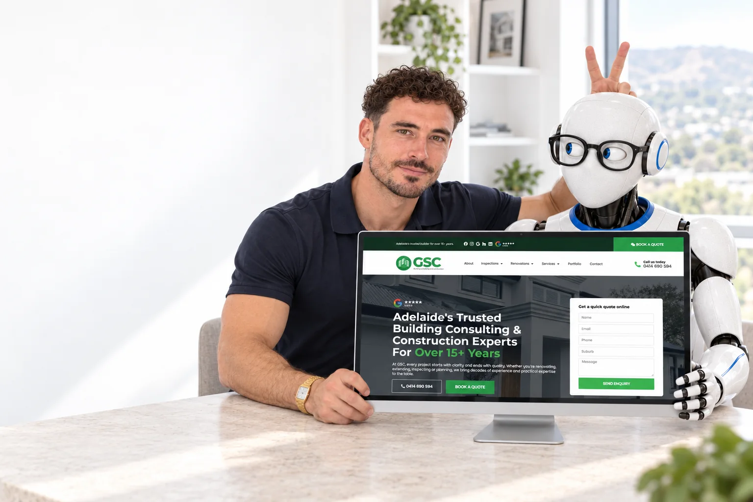 Clayton and GooberCore hold the GSC website screen towards the viewer. Clayton smirks with a peace sign behind the robot’s head as GooberCore glances at him.
