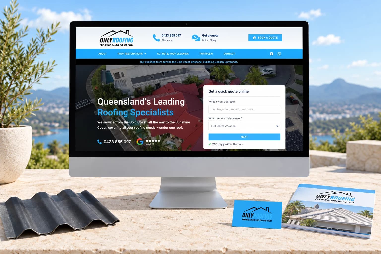 Only Roofing website shown on desktop and mobile